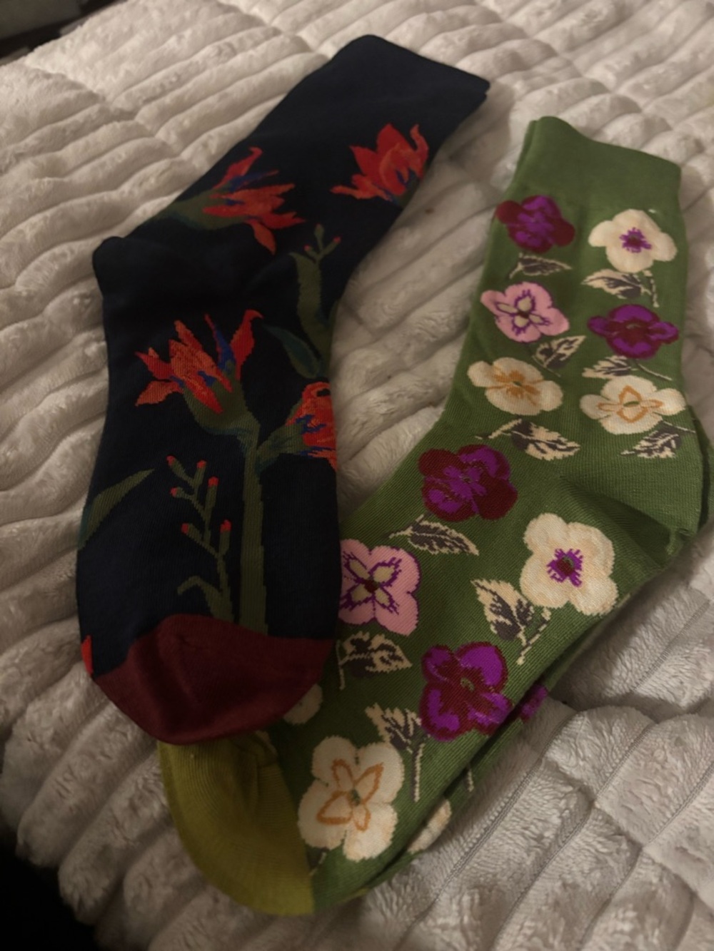 Floral Pattern cotton  Crew Socks - Navy & Olive Green